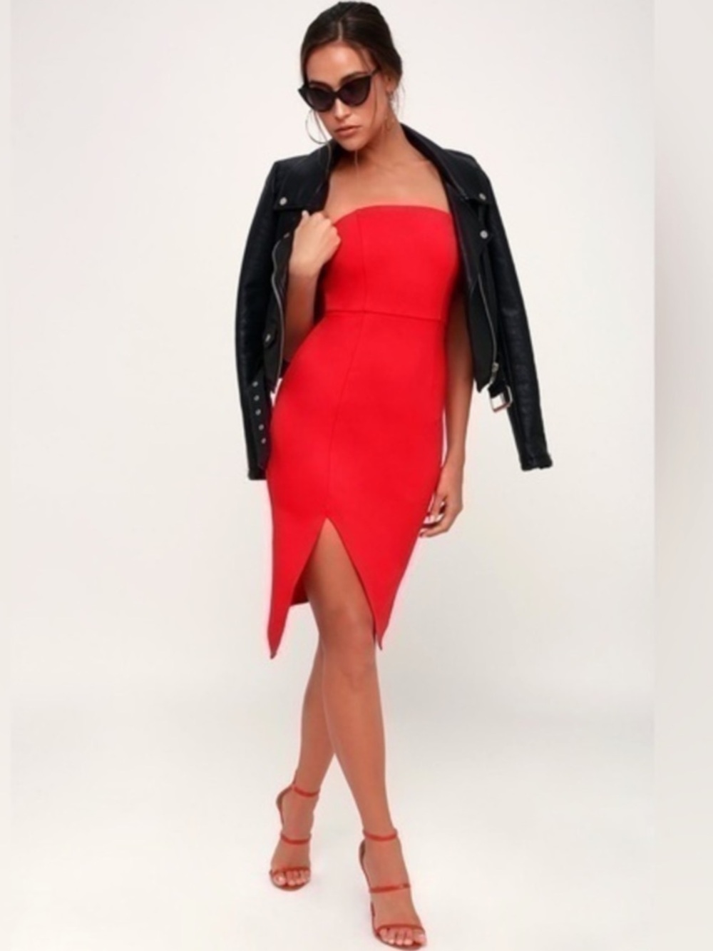 Lulu's Bright Red bodycon Strapless Dress with asymmetrical hem